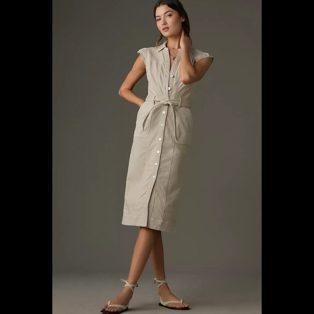 PAIGE Jaxsyn Tie-Waist Midi Dress in Vintage Warm Sand size 6